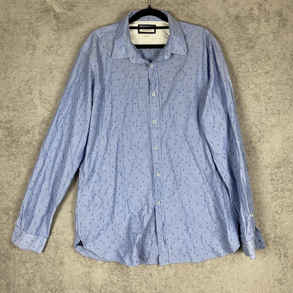 Zara Man Shirt Mens XL Blue Slim Fit Anchor Print Long Sleeve Elbow Patch Casual